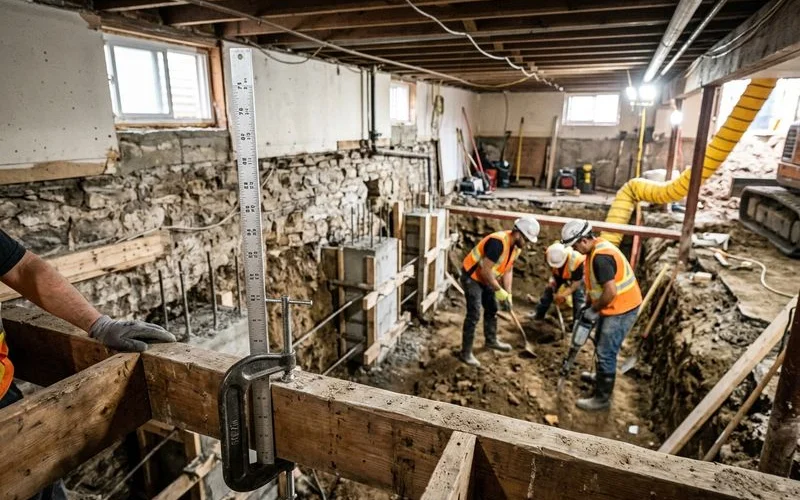 Toronto basement excavation in progress with a depth gauge visible against the foundation wall