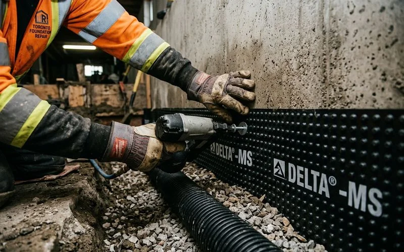Close-up of Delta MS dimpled membrane and weeping tile in a Toronto basement perimeter trench
