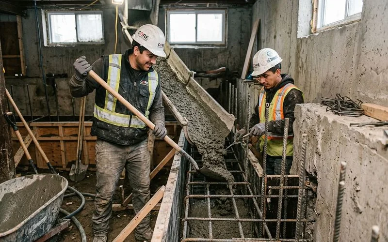 Concrete being poured into an engineered pin section during a Toronto underpinning project