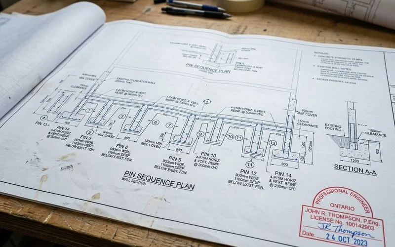 A structural engineering drawing for basement underpinning showing pin sequence and footing details