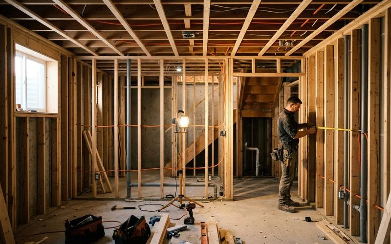 A Toronto basement mid-finishing, framing complete, plumbing and electrical rough-ins visible, ready for drywall