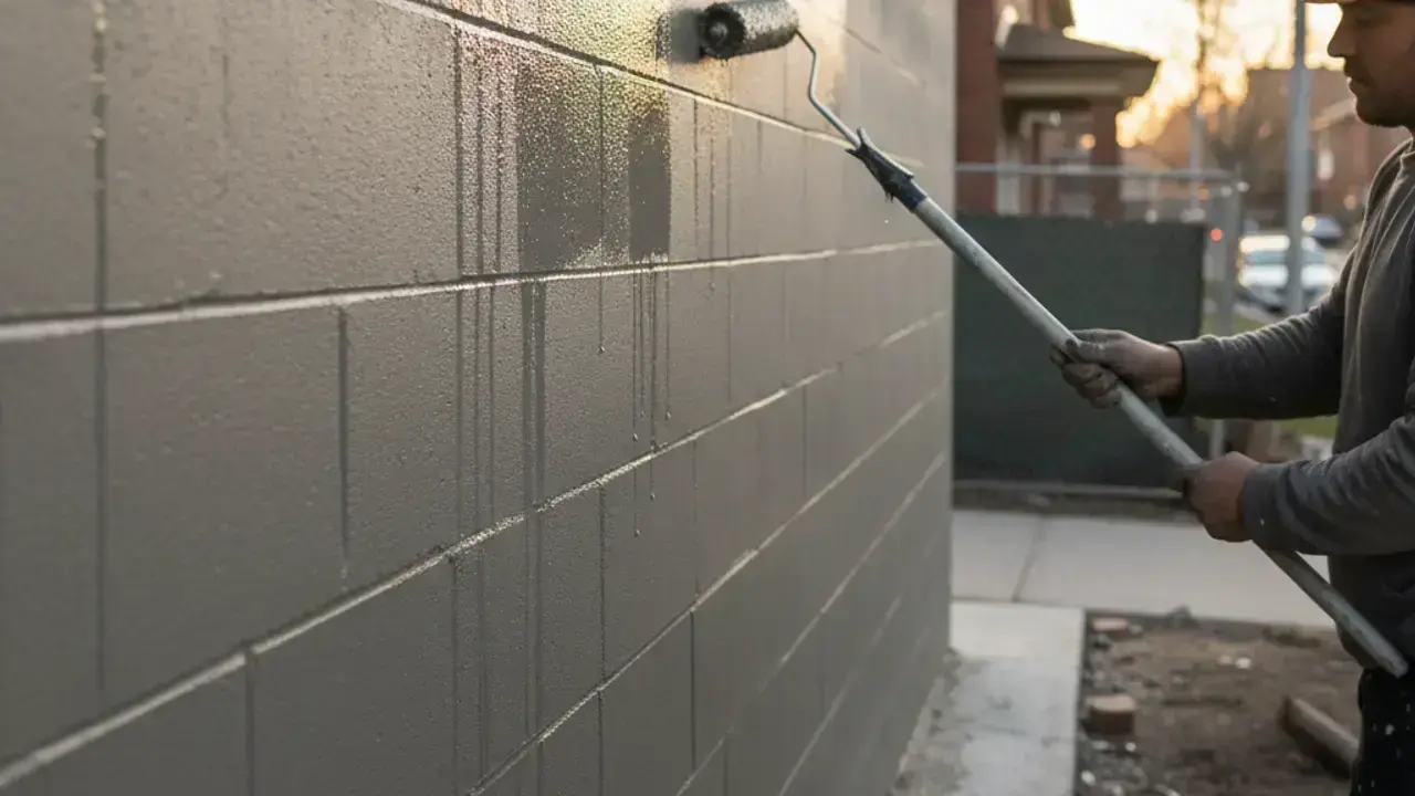 Foundation parging coat and waterproof coating applied to block foundation in Brampton