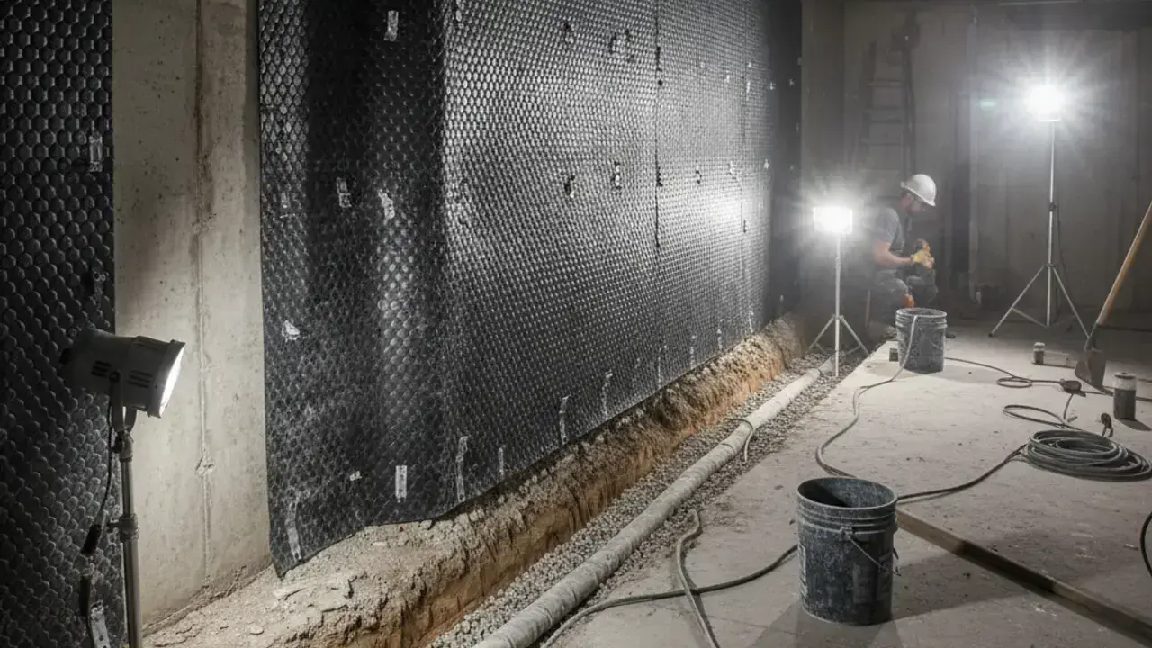 Interior weeping tile installation with Delta-MS membrane on Etobicoke foundation wall
