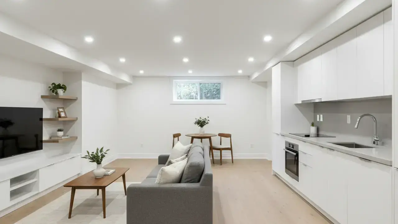 Finished basement legal suite in Leslieville Toronto with open concept kitchen and living area