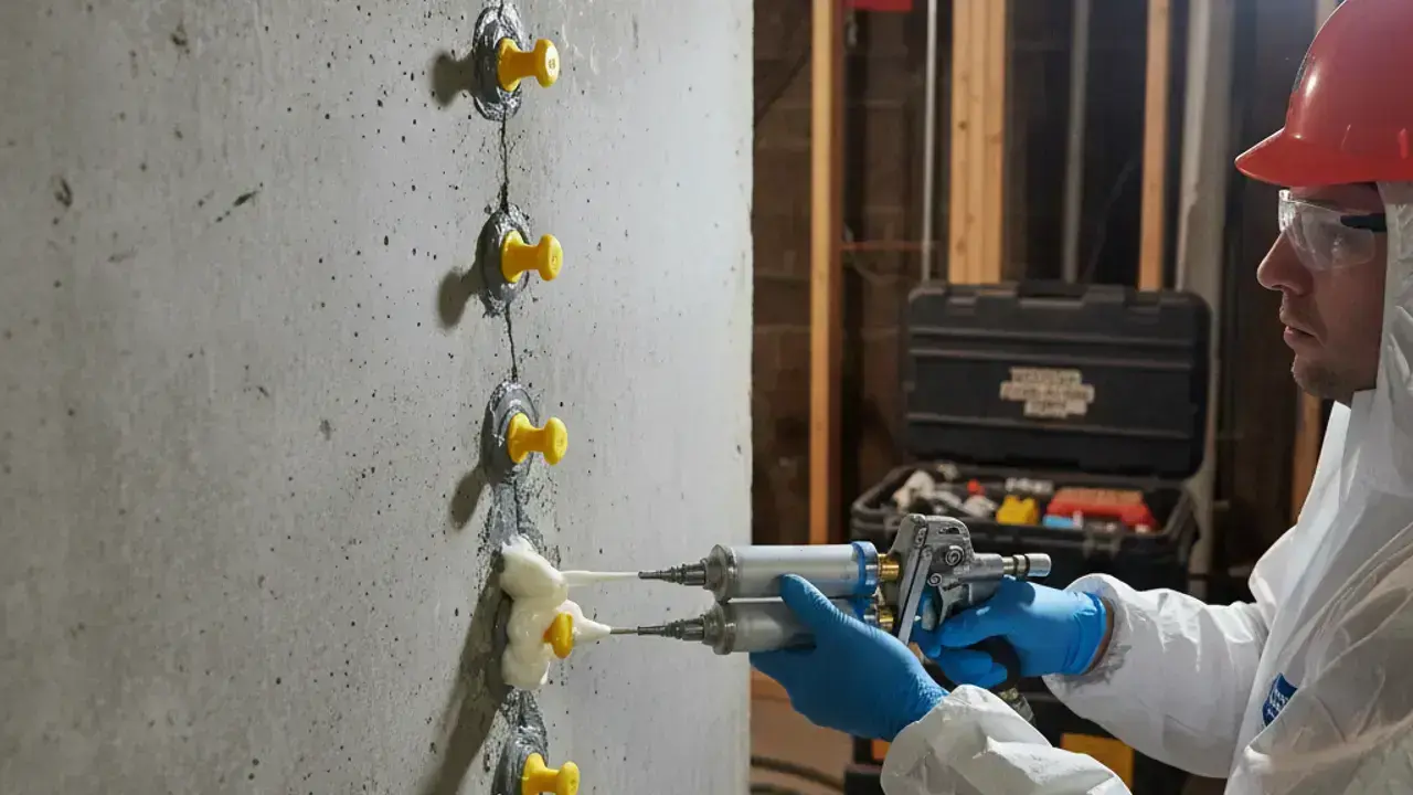 Polyurethane crack injection being performed on poured concrete foundation wall in midtown Toronto